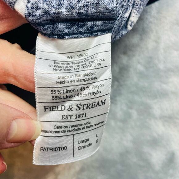 Field & Stream Fly Fishing Patriotic Shirt Mens L Navy Linen Blend Short Sleeve - Picture 5 of 11